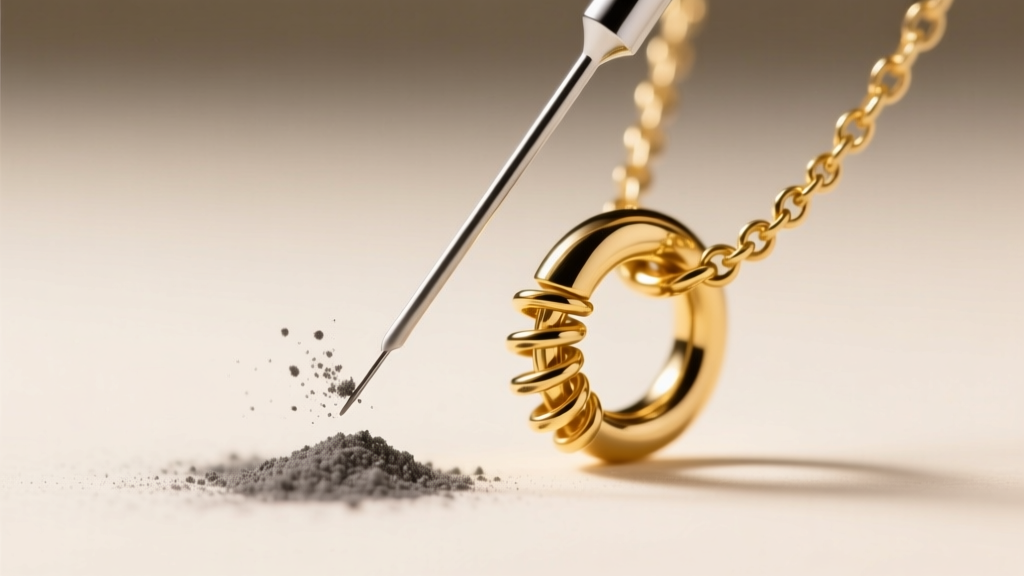 Macro shot of a needle applying graphite to the spring of a gold spring ring necklace hook, illuminated by soft warm studio light.