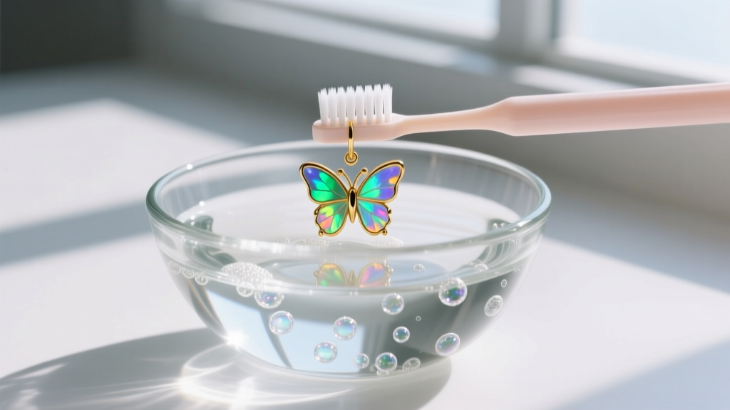 Soft baby toothbrush gently cleaning a solid opal butterfly earring in a glass bowl of lukewarm soapy water under bright light