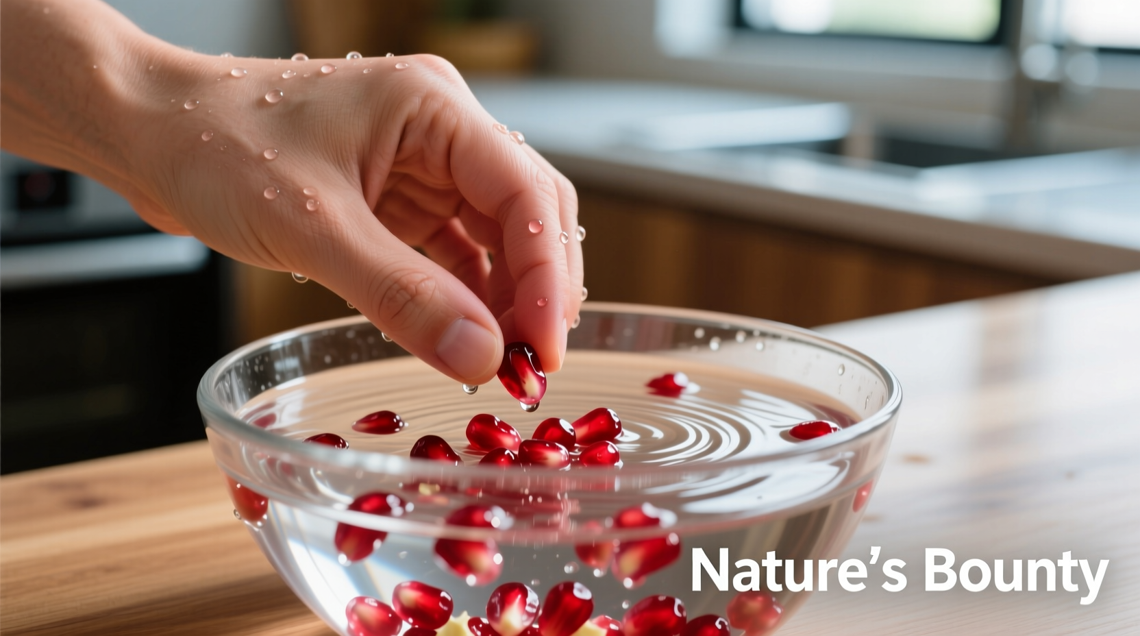 Hand removing pomegranate seeds in water bowl