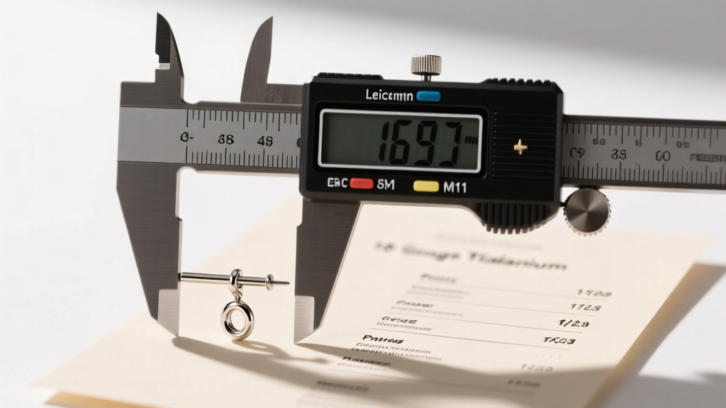 Digital caliper measuring the exact millimeter width of an 18-gauge titanium earring post next to a printed pricing chart