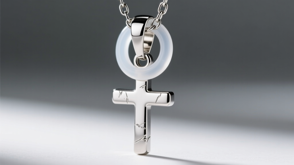 Macro view of a silver pendant bail with a clear silicone ring to stop an upside down cross from sliding along a metal chain.