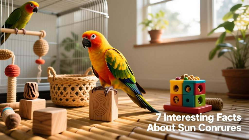 A variety of safe, natural-material bird toys arranged in a sun conure’s spacious cage: wooden blocks, a woven basket, and a puzzle feeder