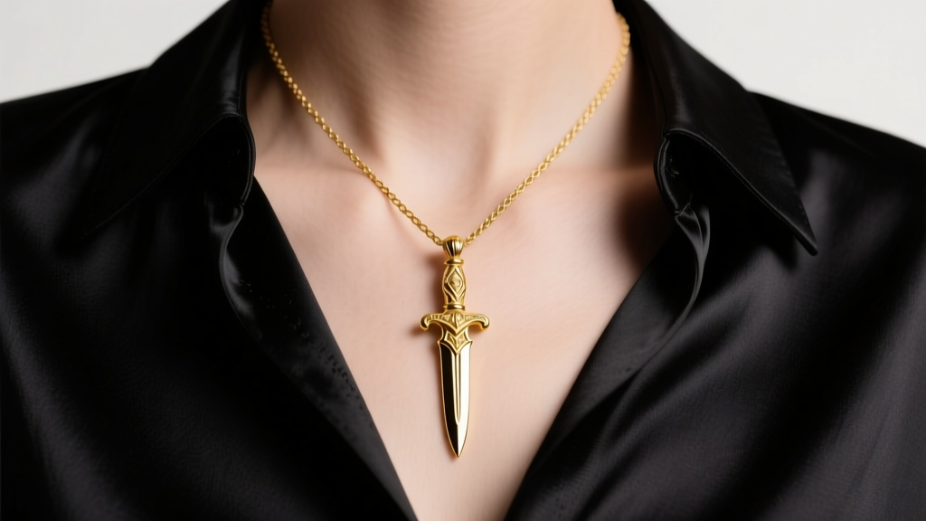 14k solid gold mini dagger pendant on a rope chain, worn over a black silk blouse, soft studio lighting, high fashion style.
