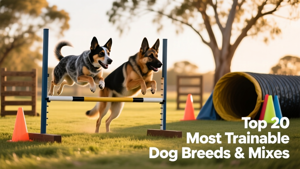 An Australian Cattle Dog and a German Shepherd working side-by-side in a structured agility course, focused and alert