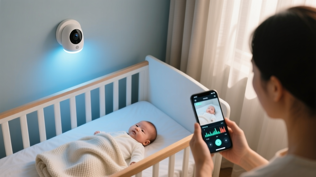 Overhead view of a smart baby monitor mounted above a crib, projecting a gentle nightlight while the parent checks the app.