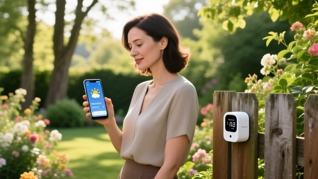 Woman checking Android phone showing weather app while standing in a lush garden with a small white smart thermometer mounted on a wooden fence
