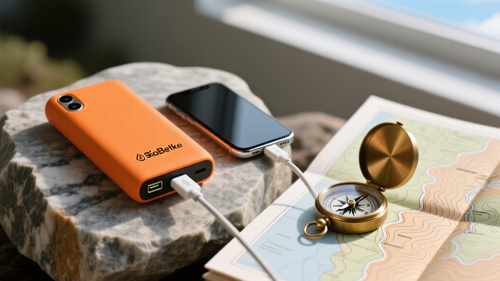 Orange BioLite power bank charging a smartphone via USB-C on a granite rock next to a topographic map and compass