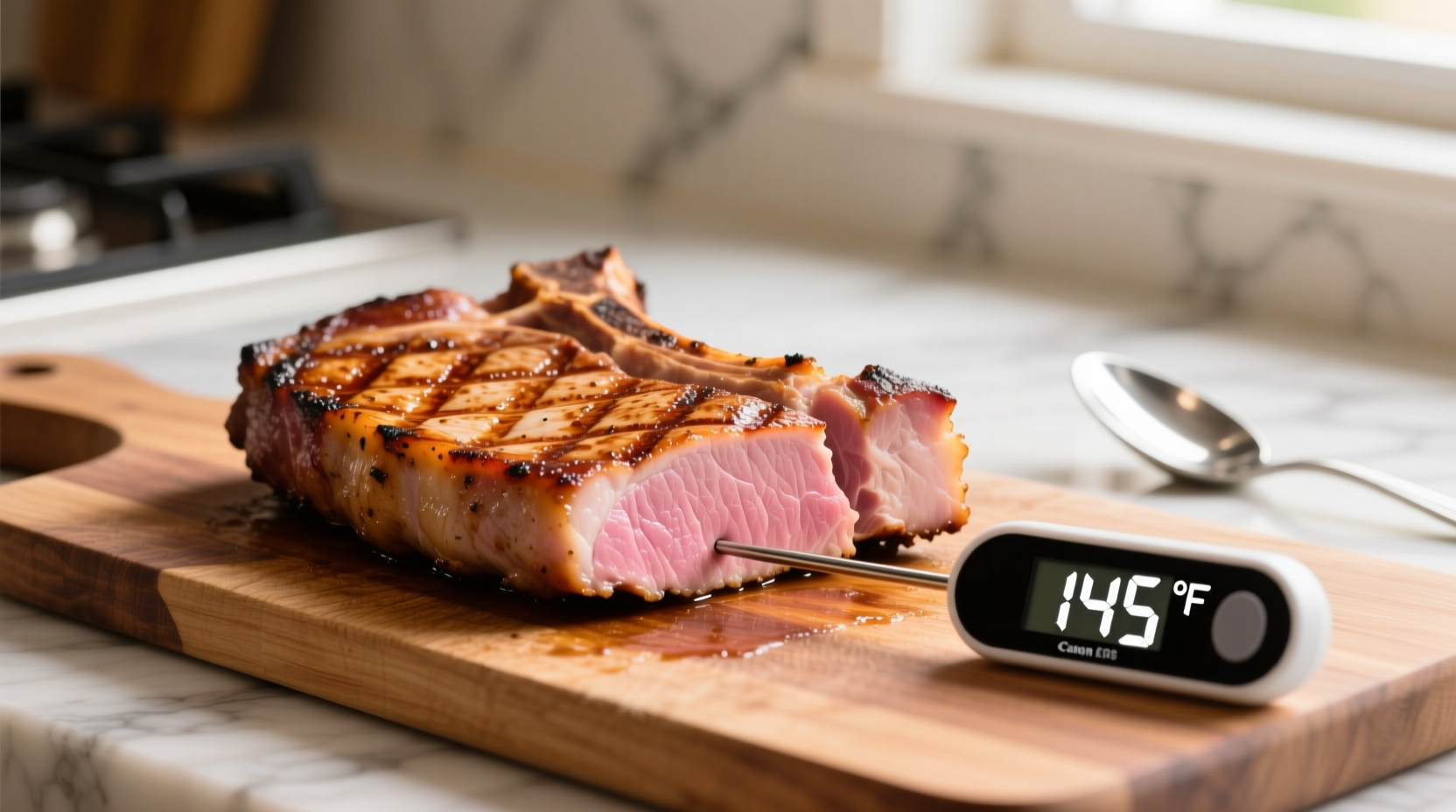 Pork chop showing perfect internal temperature reading