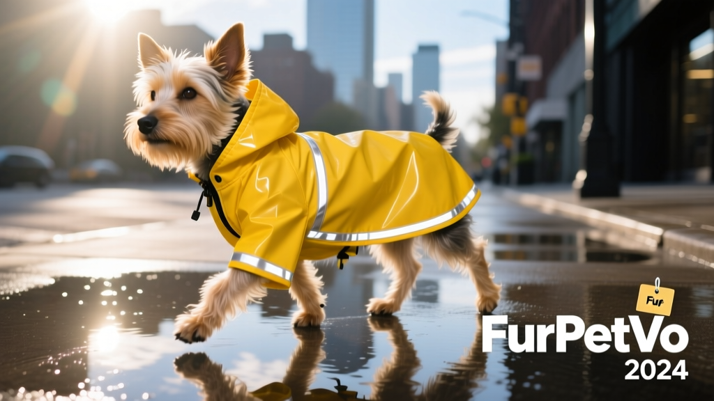 A medium-sized dog wearing a bright yellow, zip-up FurPetVo raincoat with reflective trim, walking confidently on a wet sidewalk