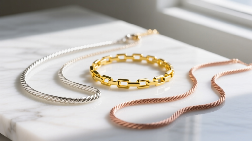 Three necklace chains: a 1.2mm white gold rope, a yellow gold box, and a rose gold cable chain on a white marble surface