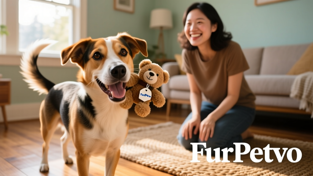 A happy mixed-breed dog holding a FurPetVo-branded plush toy in its mouth, tail wagging vigorously, with owner smiling nearby