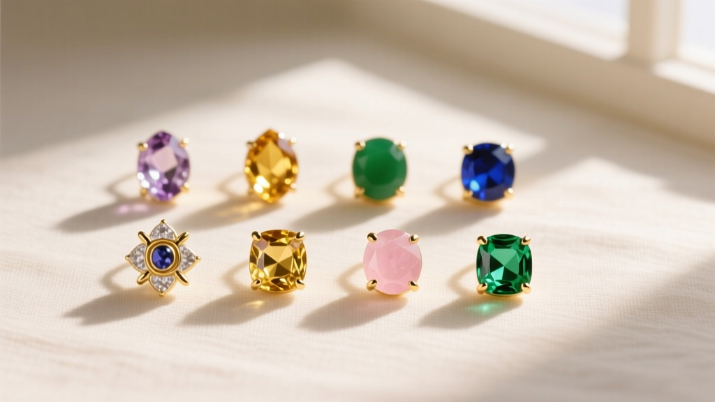 Seven pairs of delicate gold chakra stud earrings arranged on cream linen, soft morning light highlighting the gems.