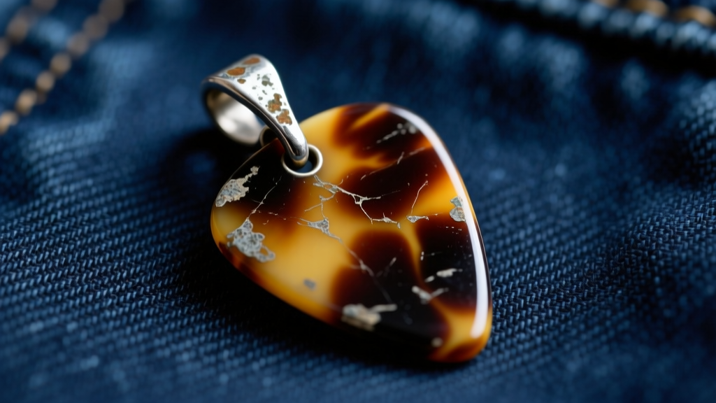 Close-up of a worn tortoiseshell celluloid guitar pick pendant with a tarnished silver glue-on bail resting on dark denim fabric.