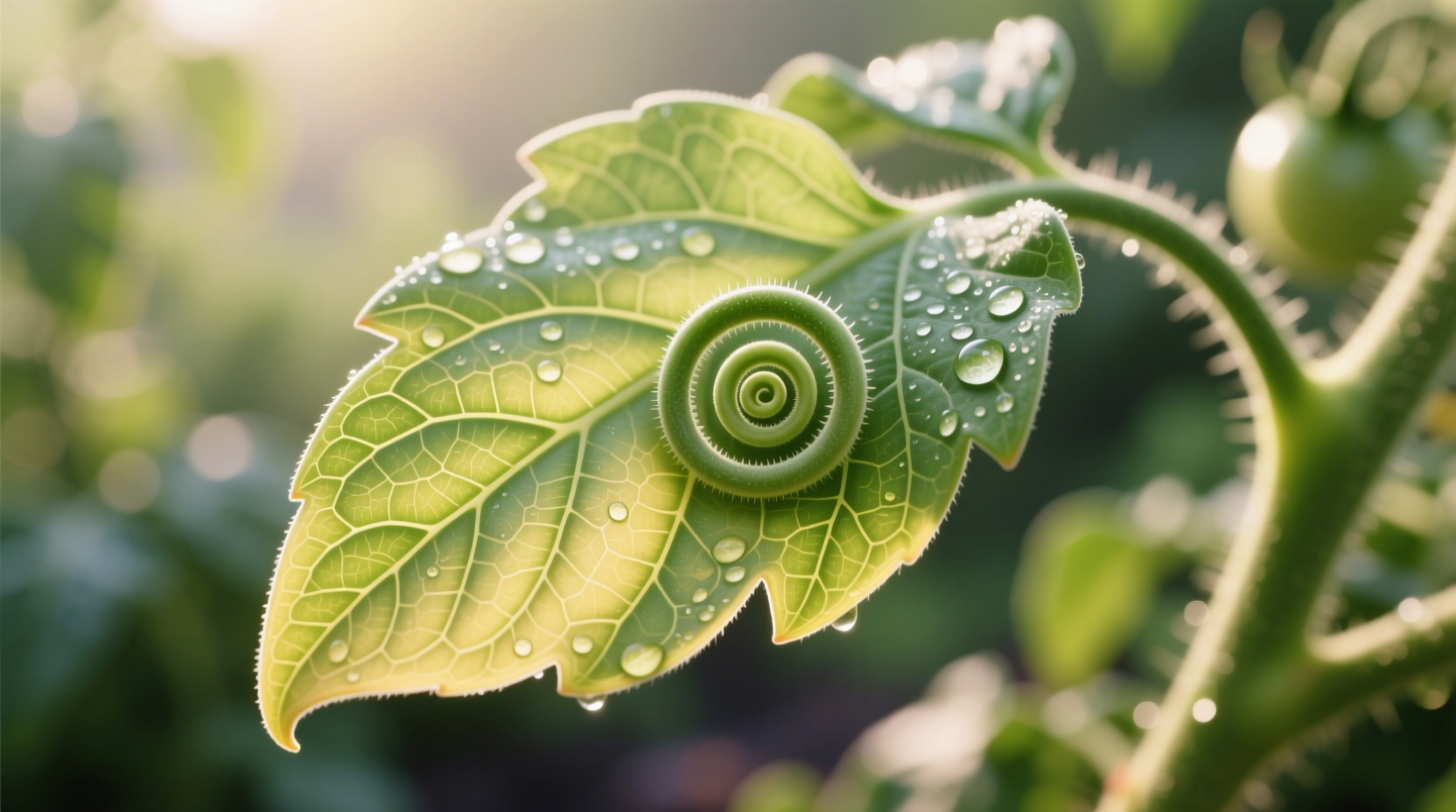 Close-up of tomato leaf showing natural curling pattern