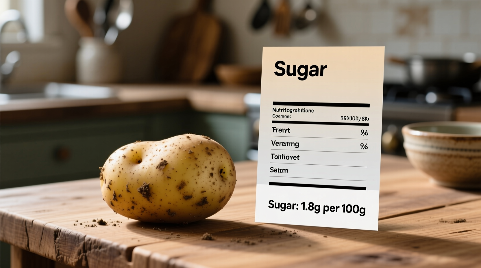 Raw potatoes next to nutritional information chart showing sugar content