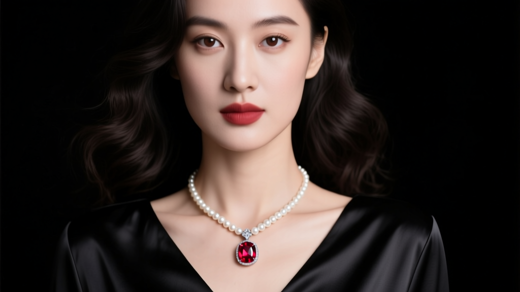 Portrait of a woman wearing a ruby and pearl pendant on a black silk top, soft studio light emphasizing the red and white gems