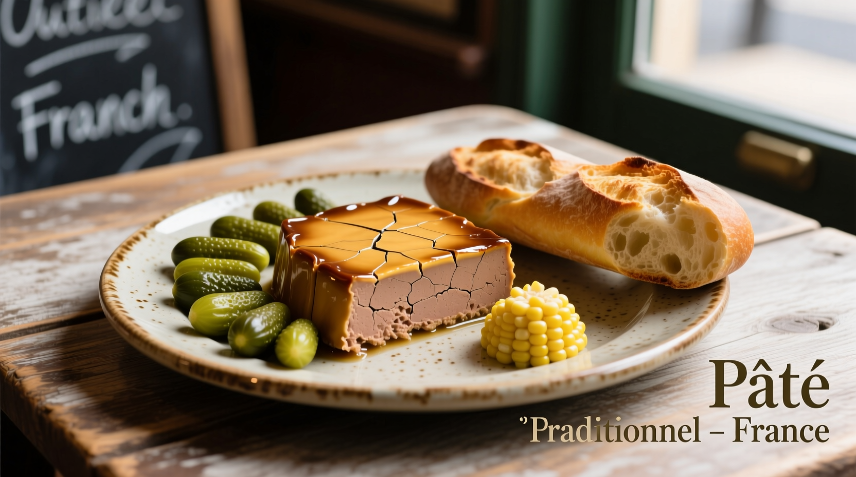 Traditional French pate served with cornichons and crusty bread
