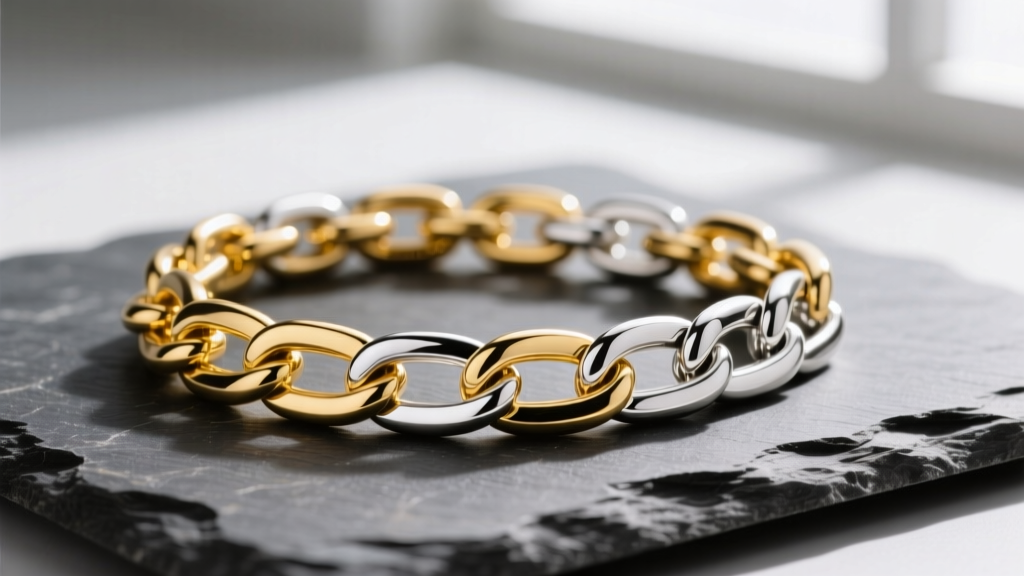 Close-up of 18k yellow gold and sterling silver chain links on slate, displaying contrasting metal textures and symbolic duality.
