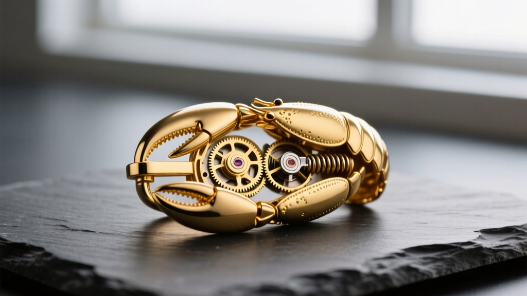 Macro photography of a polished 18k yellow gold lobster clasp mechanism partially open, resting on dark slate with soft lighting