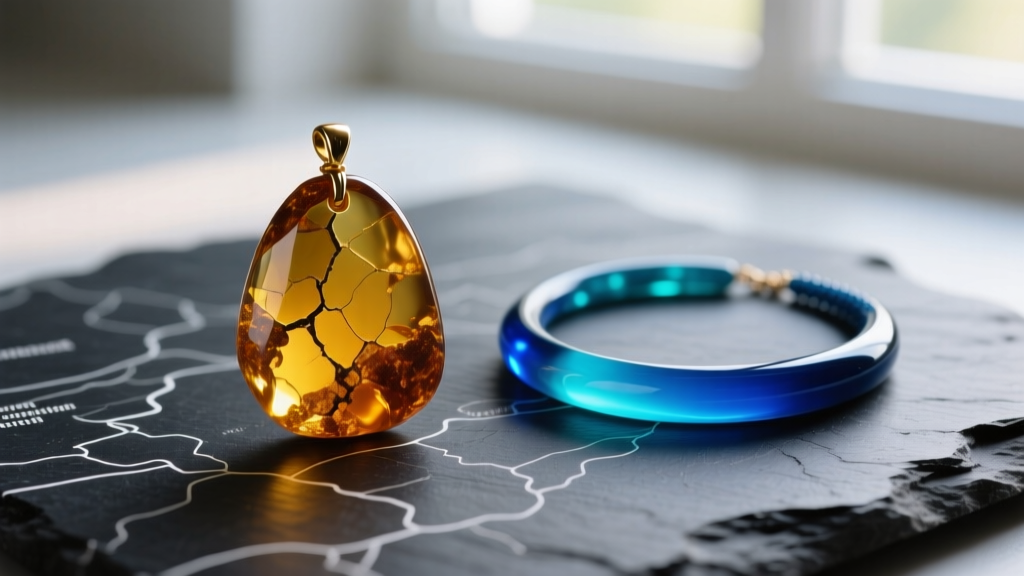 Macro shot of rough Baltic amber pendant beside polished Dominican blue amber necklace resting on a dark slate geological map.