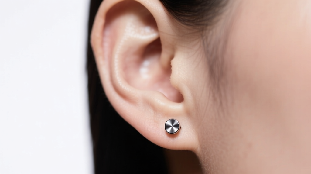 Close-up of an earlobe wearing a small matte titanium stud earring against a white background with soft, even studio lighting.