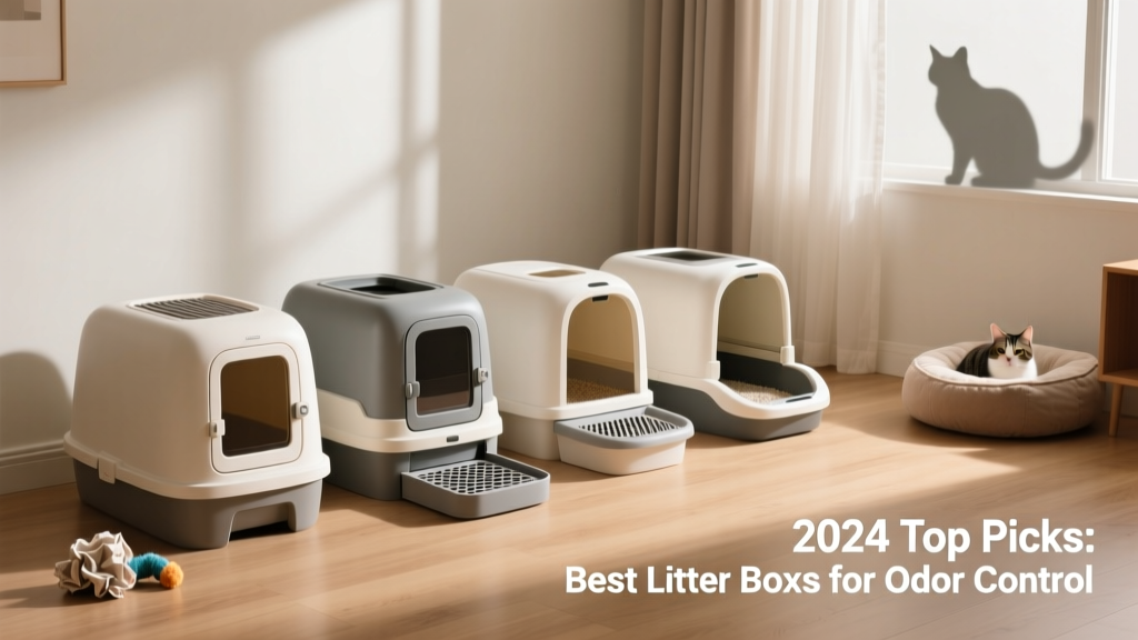 Side-by-side comparison of five popular covered and open litter boxes in a clean, well-lit home setting