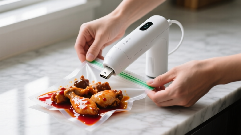 Hands using a sleek white USB-rechargeable vacuum pump to seal a reusable silicone bag containing marinated chicken on a quartz countertop