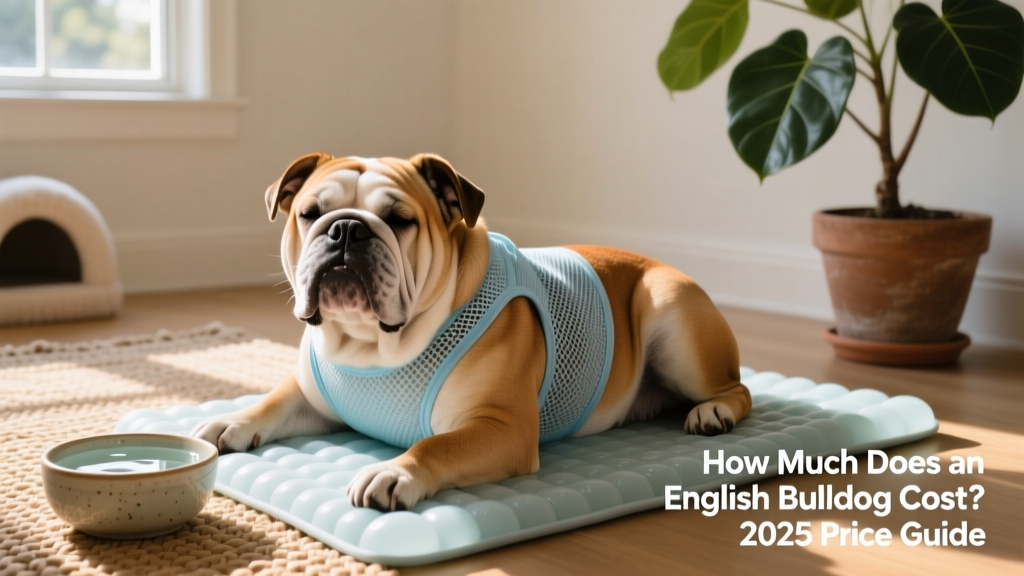 An adult English Bulldog resting comfortably on a cooling mat, wearing a breathable vest, with water bowl nearby