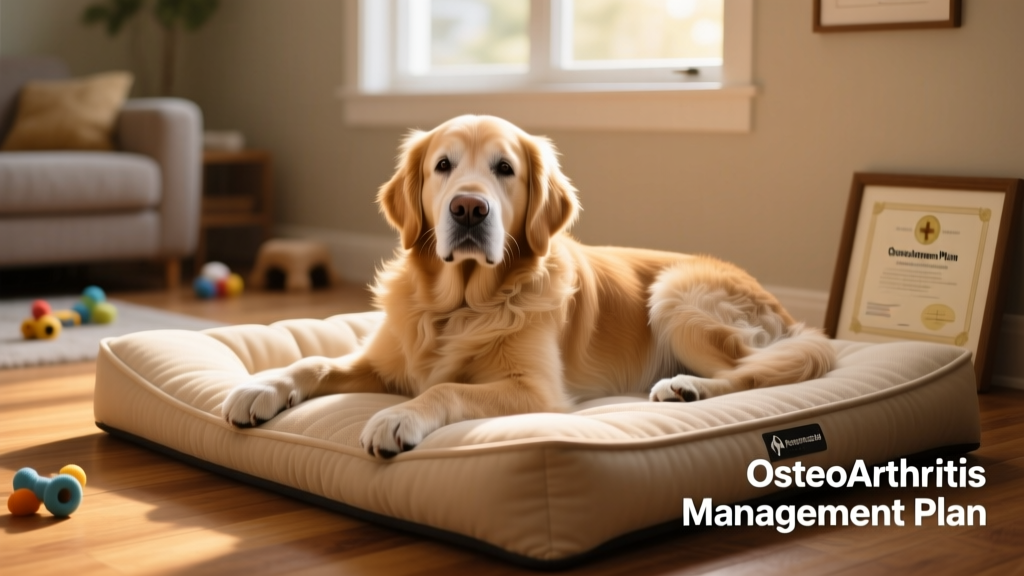 Senior golden retriever resting comfortably on a soft orthopedic dog bed