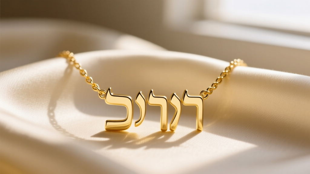 Macro shot of a 14k yellow gold Ahava necklace with the Hebrew word for love in modern block font resting on cream silk fabric.