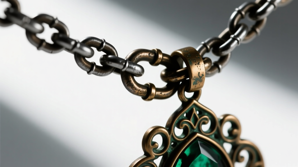 Macro shot of a 16-gauge steel rolo chain connecting to a darkened bronze gothic pendant, highlighting a heavy duty lobster clasp