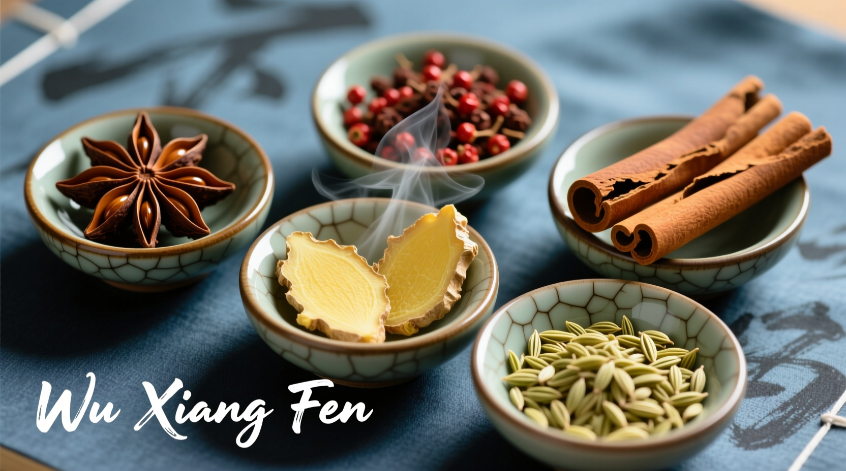 Chinese 5 spice blend components in small ceramic bowls