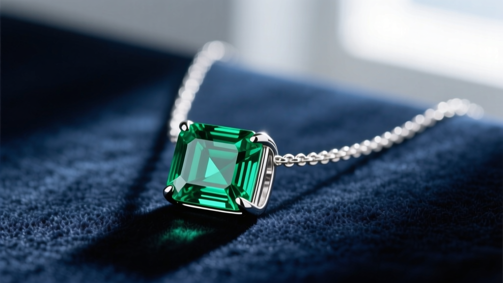 Close-up of a custom sterling silver necklace with a rectangular step-cut emerald pendant resting on a dark velvet jeweler's block.
