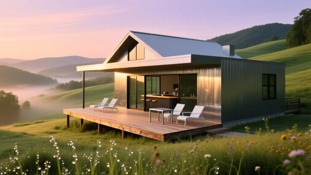 Exterior of a modern metal barndominium with a wrap-around porch set against the lush green hills of East Tennessee at sunrise
