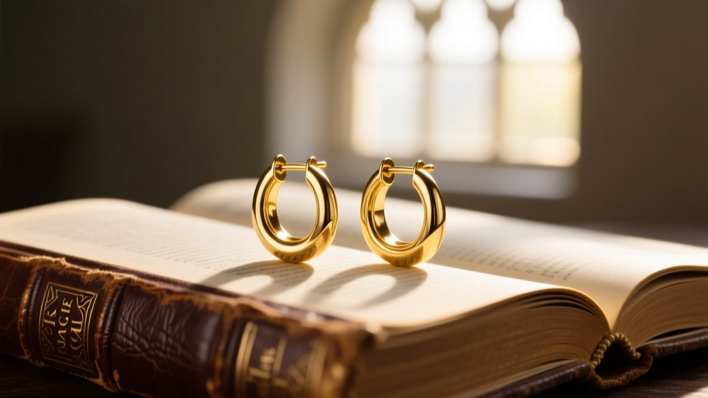 Elegant 14k gold huggie earrings resting on an open leather-bound Bible with soft morning light filtering through a nearby window.