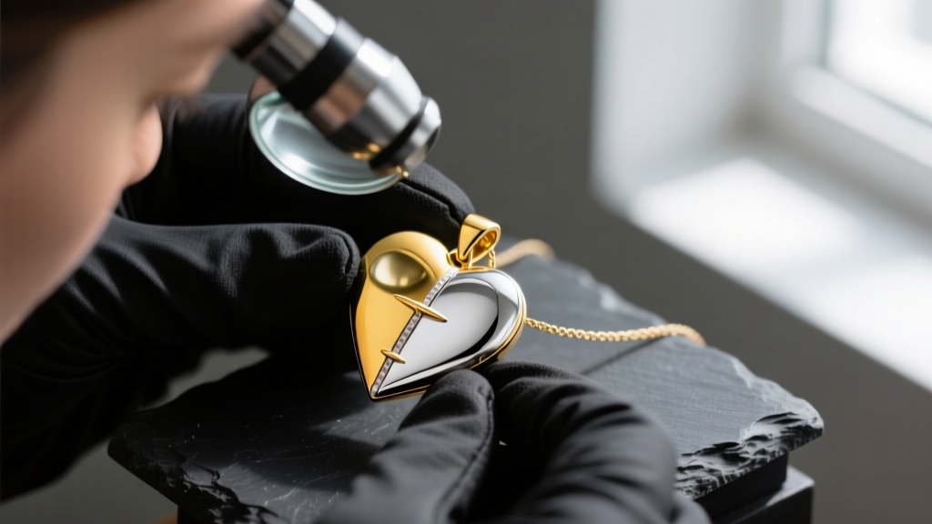 Jeweler inspecting the solder joint of a two-tone heart pendant, showing the micro-seam between gold and silver under a loupe.