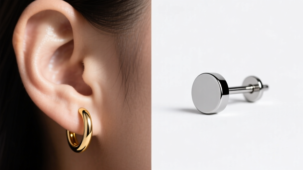 Split-screen illustration showing an 18g gold hoop in an earlobe and a 16g titanium flat-back stud in the upper helix cartilage.