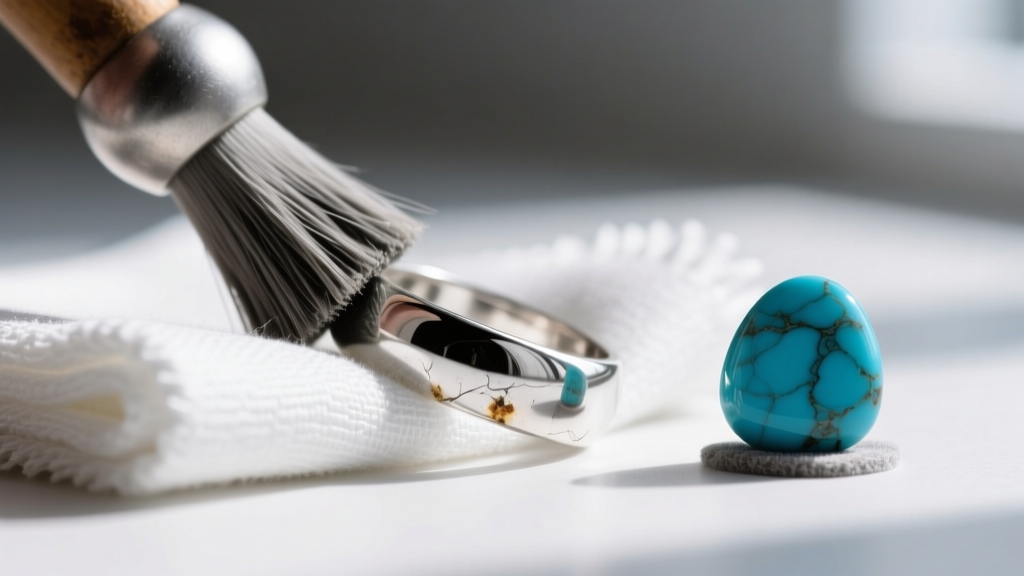 A treated silver polishing cloth gently buffing a tarnished 925 sterling silver shank, carefully avoiding an adjacent turquoise stone.