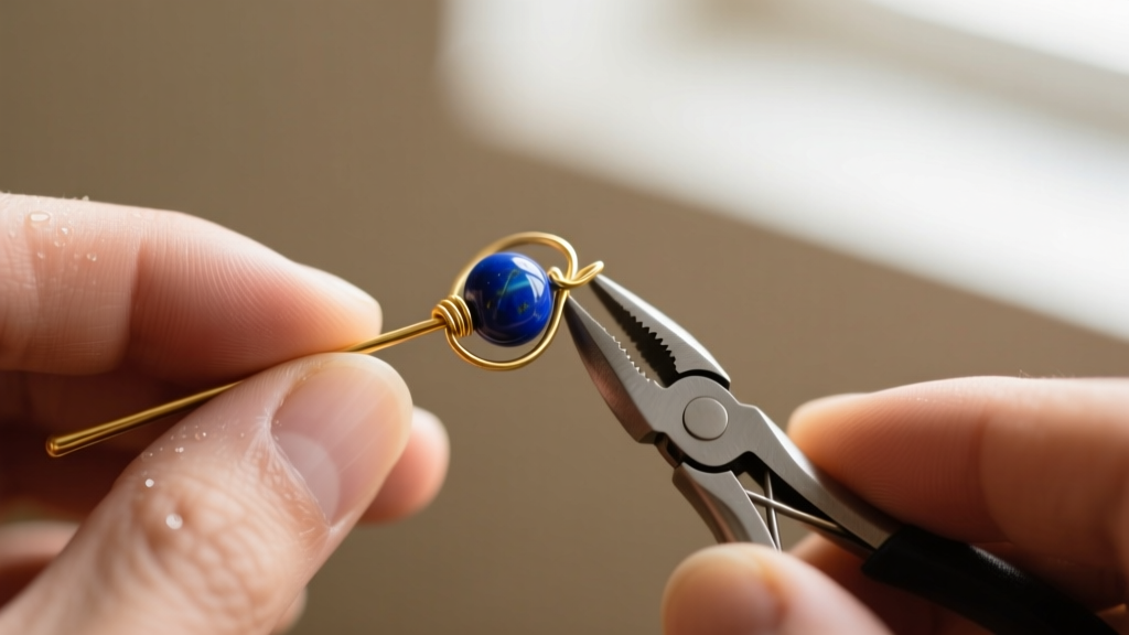 Macro shot of jeweler hands using round-nose pliers to wire-wrap a small lapis lazuli bead onto a 20-gauge gold-filled head pin