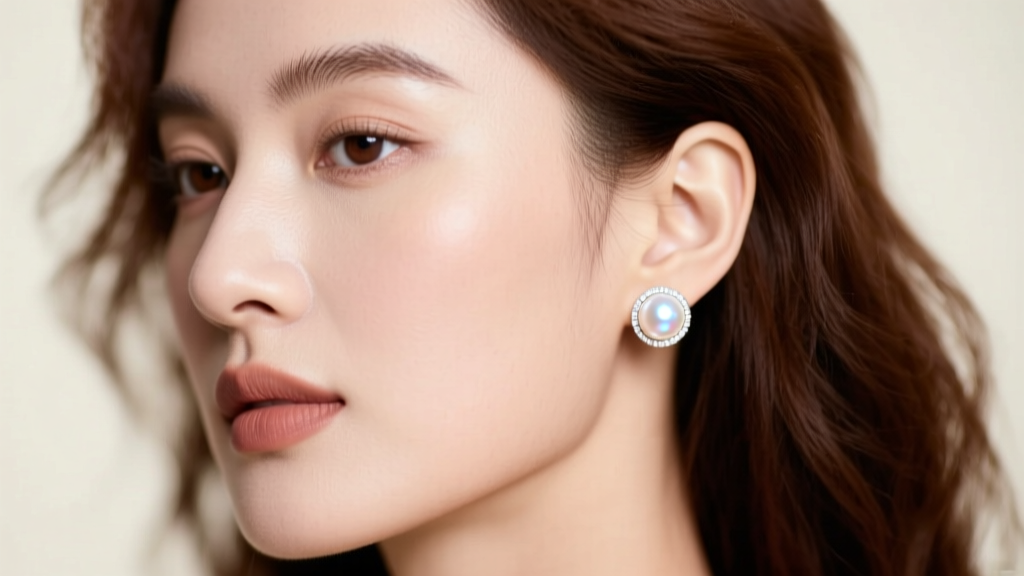 Woman wearing 8mm white Akoya pearl stud earrings in 14k white gold, soft studio lighting, elegant professional aesthetic.