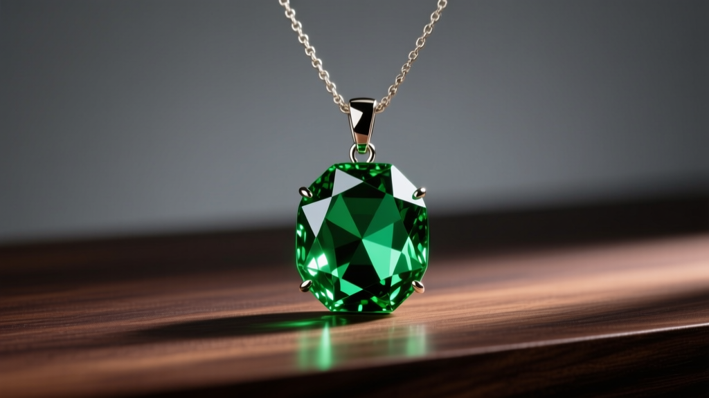 Vibrant green faceted crystal Hashirama necklace pendant resting on dark wood, illuminated by soft, dramatic studio lighting.