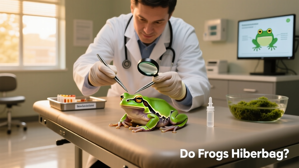 A veterinarian gently examining a frog in a clinical setting, using tools appropriate for amphibian care