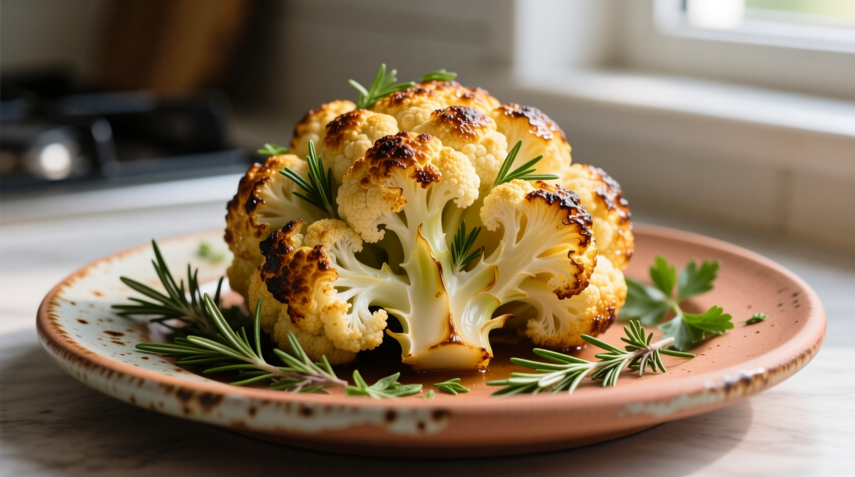 Golden roasted cauliflower with herbs on ceramic plate