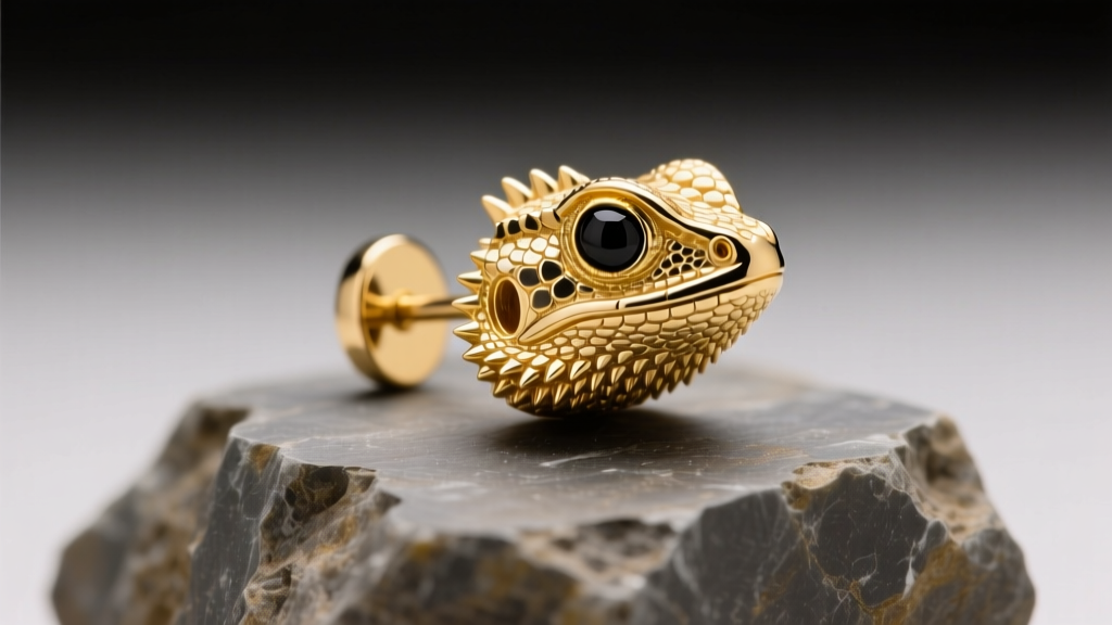 Close-up of a detailed 14k yellow gold bearded dragon stud earring resting on a piece of raw slate, highlighting the textured scales and tiny black onyx eyes under studio lighting.