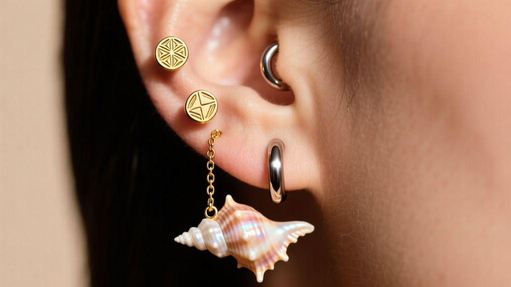 Close-up of a curated ear showing 14k gold threadless studs, a titanium helix hoop, and a conch chain under warm studio light.