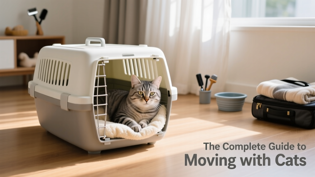 A calm cat resting comfortably inside an open carrier with soft bedding, placed in a quiet corner of a sunlit room