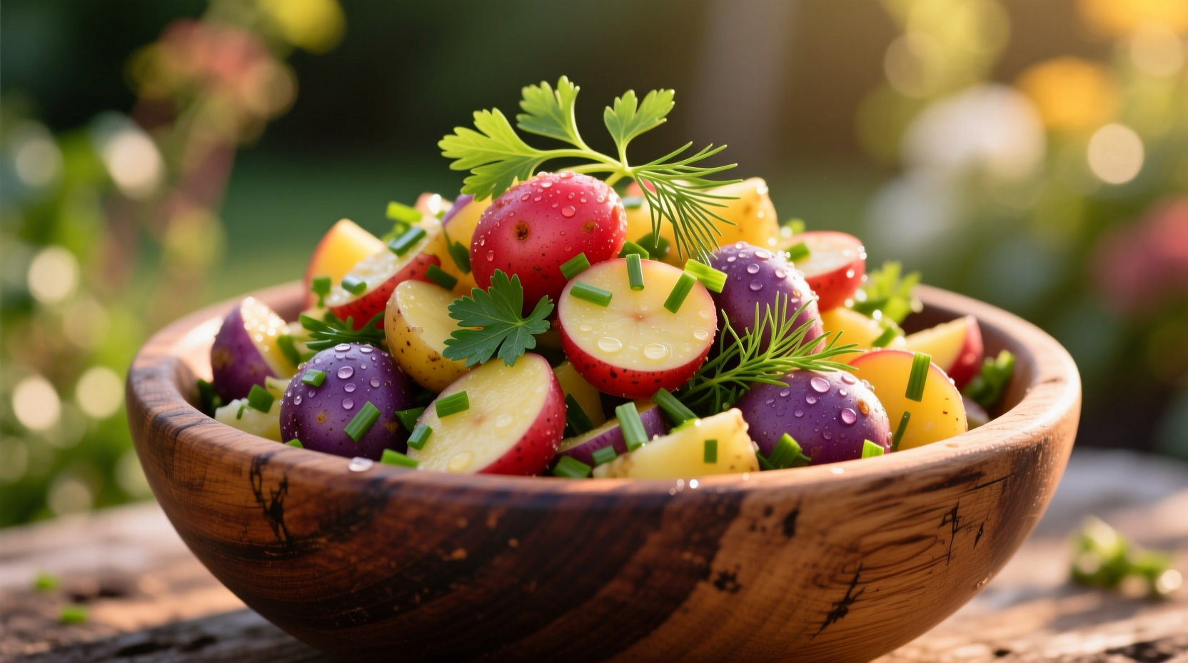 Colorful potato salad with fresh herbs in wooden bowl