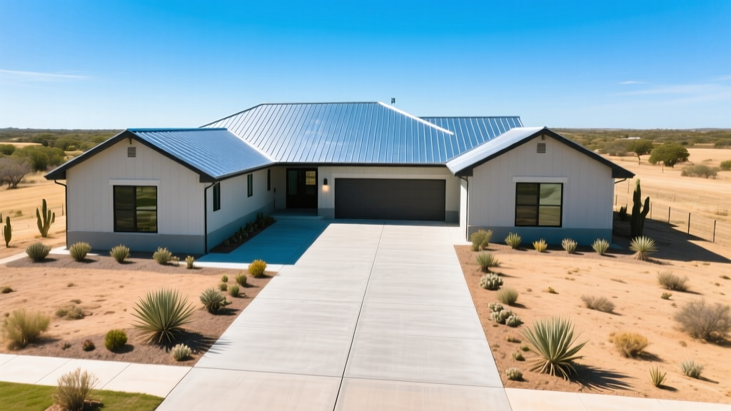 Aerial view of a newly constructed Texas ranch-style home with a standing seam metal roof and expansive post-tension concrete driveway under a bright blue sky