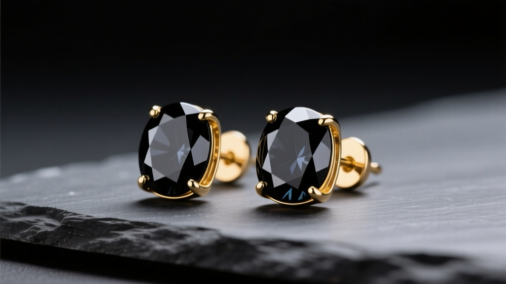 Polished black tourmaline cabochon stud earrings in 14k yellow gold resting on dark slate under soft studio lighting