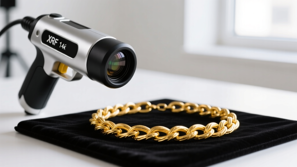 A handheld X-ray fluorescence spectrometer gun pointed at a delicate 14k yellow gold rope chain on a black velvet testing pad.